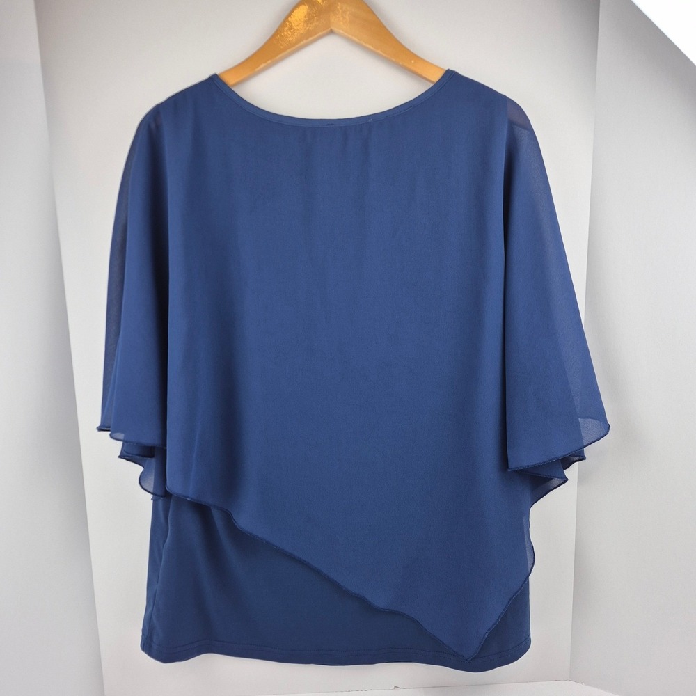 Lotusmile Blouse Women's XL Blue‎ Chiffon Overlay Asymmetrical Flowy Top - Picture 3 of 10